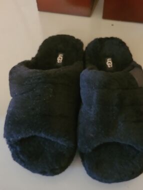 UGG Black Plush Open-Toe Slide Slippers